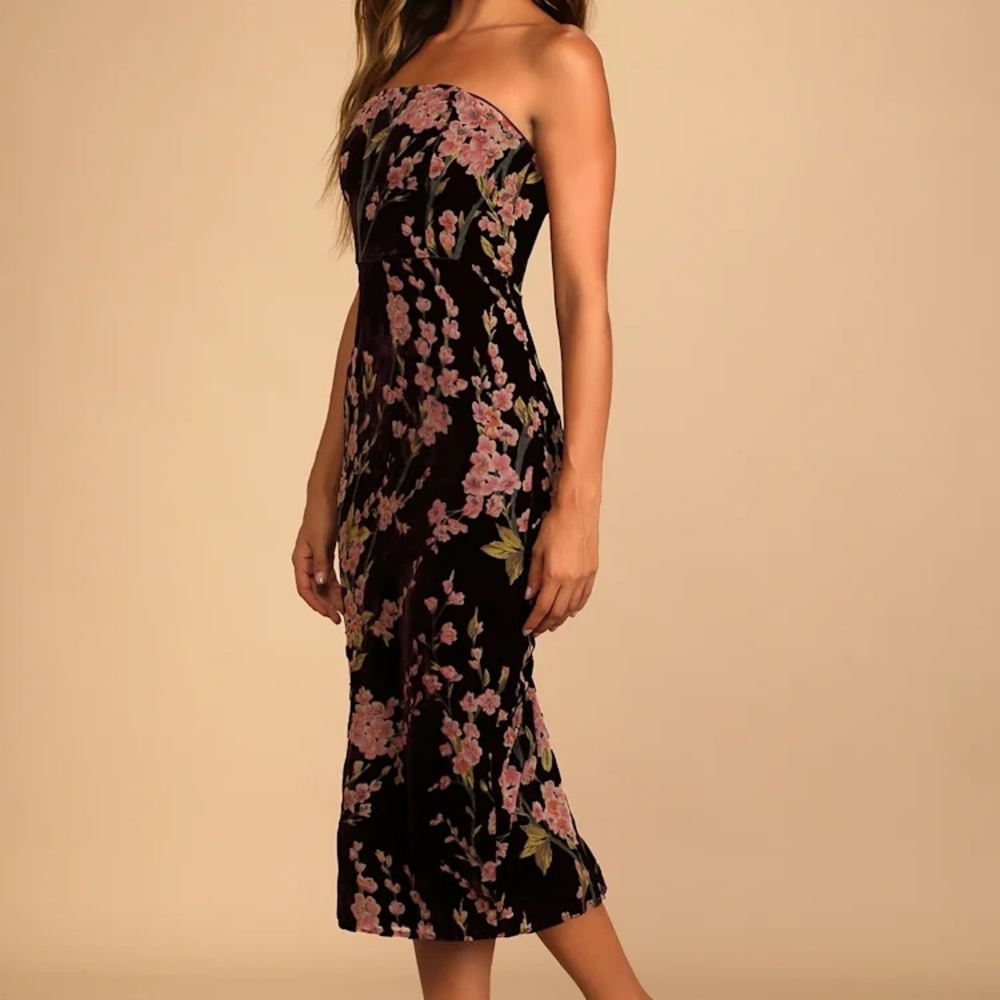Lulus Strapless Velvet Dress with Pink Floral on Black - Picture 2 of 6